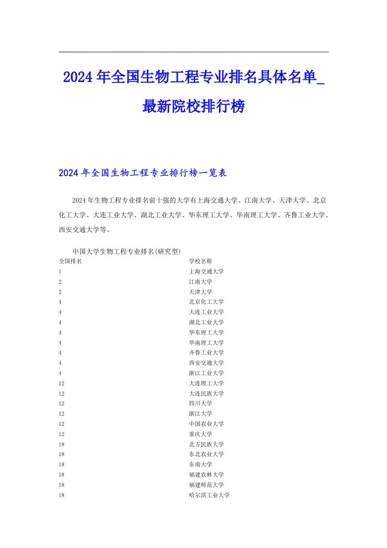 2024年全国生物工程专业排名具体名单_最新院校排行榜