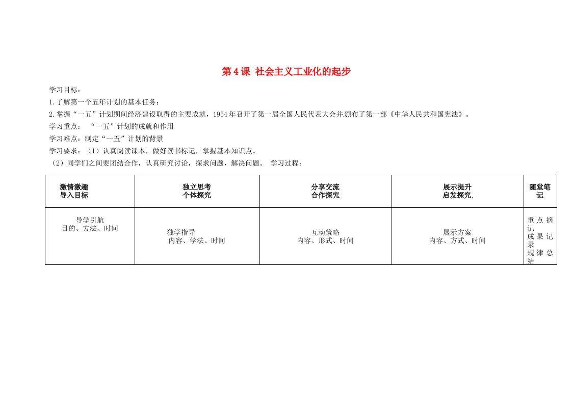 2020学年八年级历史下册第二单元向社会主义社会过渡第4课社会主义工业化的起步导学案无答案岳麓版