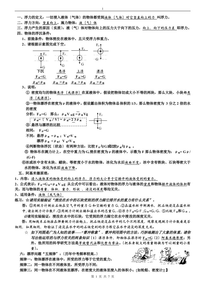 新编八年级物理浮力复习知识点、题型整理及答案