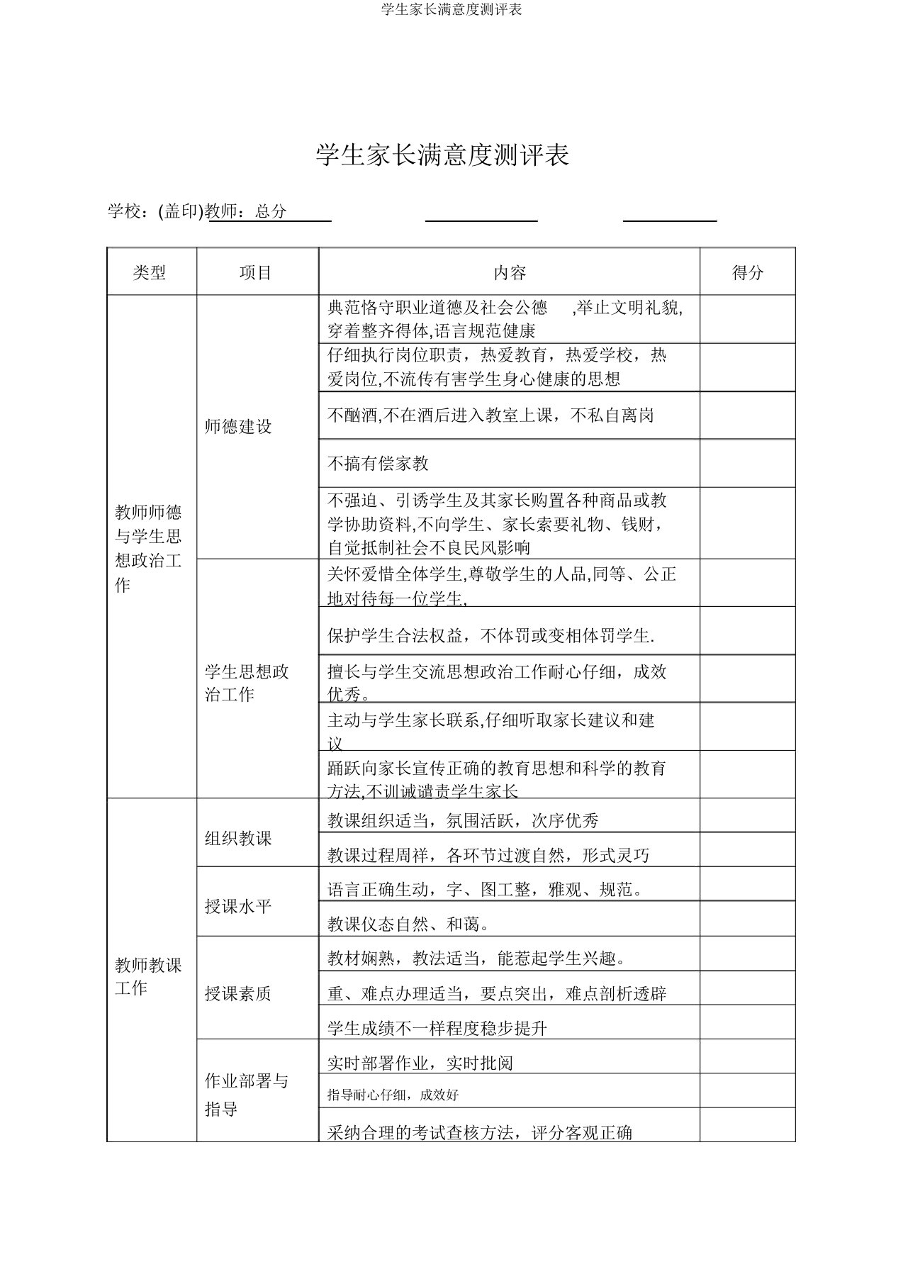 学生家长满意度测评表