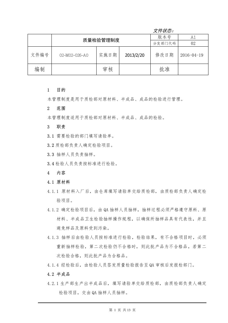 灌装食品饮料安全生产管理制度--质量检验管理制度