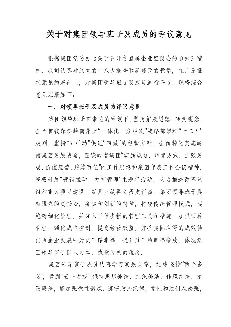 关于对集团领导班子及成员的评议意见