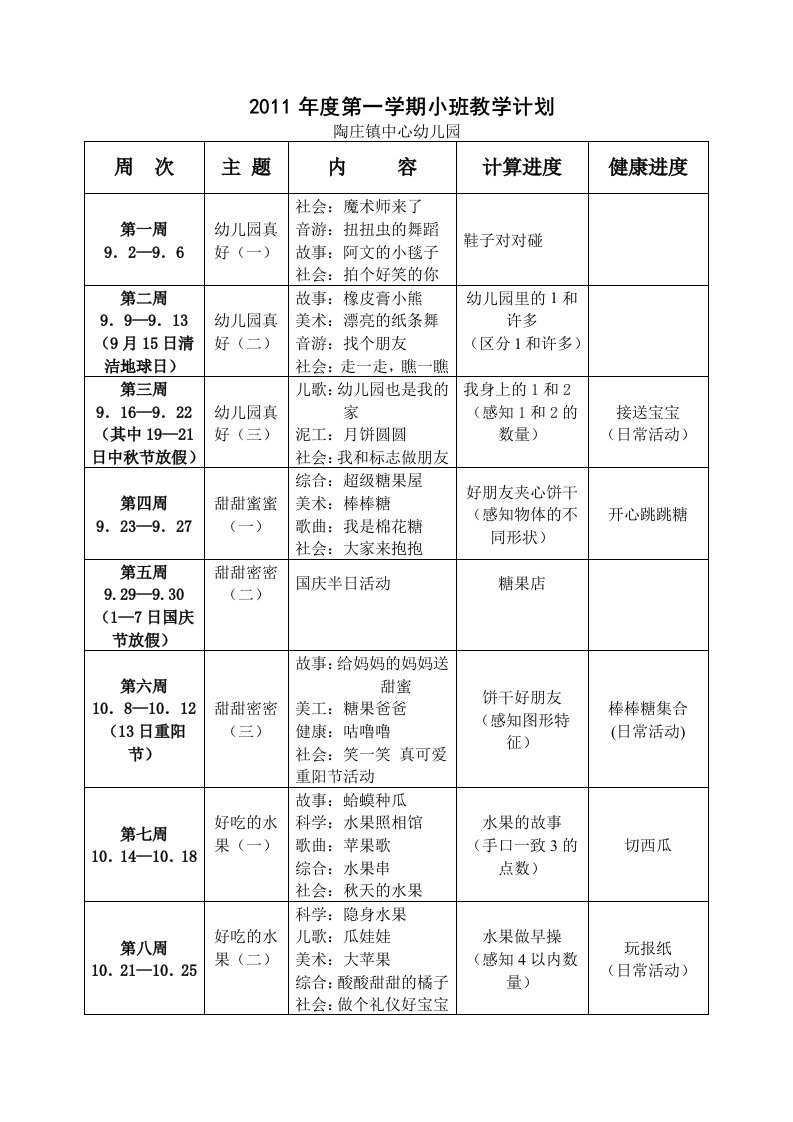 小班第一学期主题活动进度表