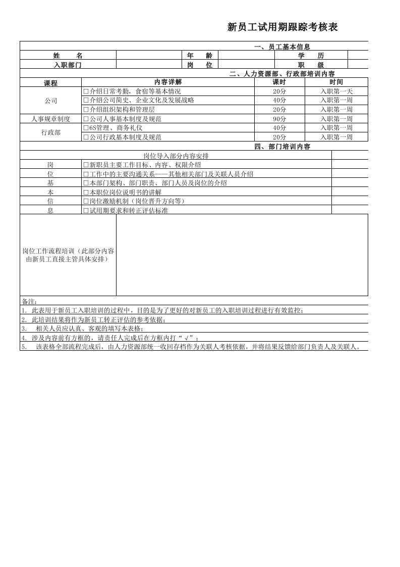 新员工入职培训跟踪考核表