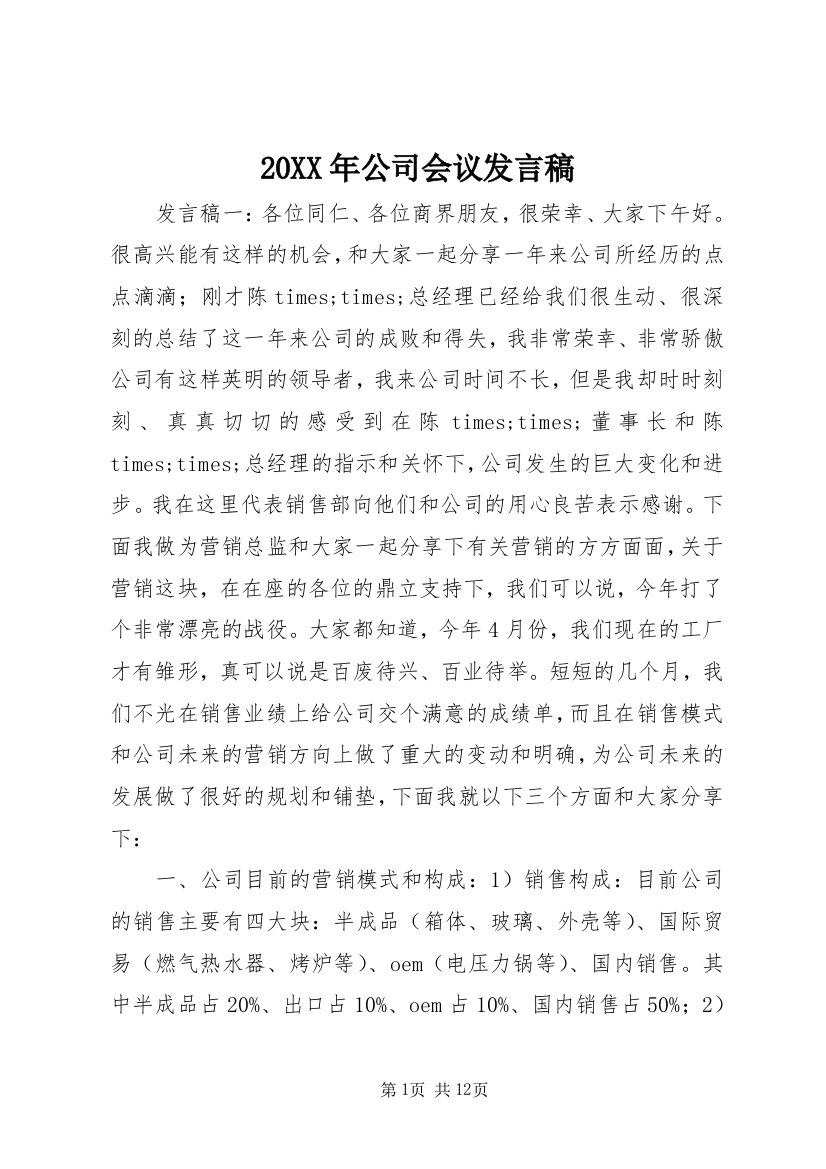 20XX年公司会议发言稿