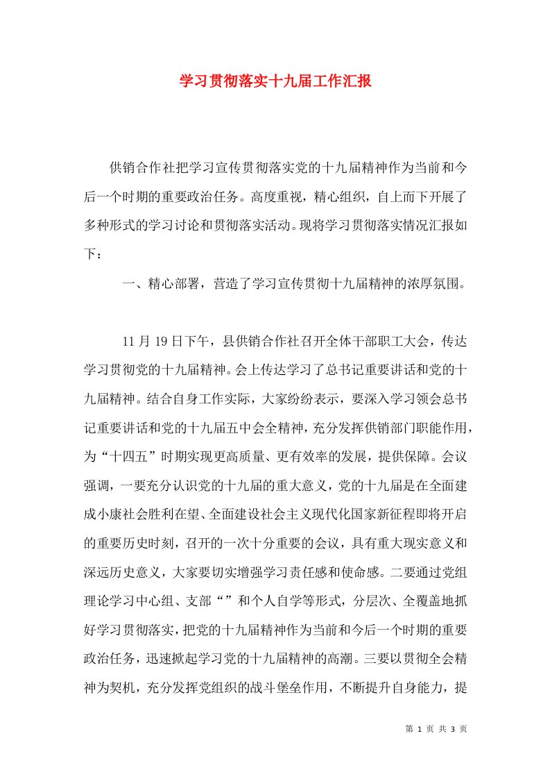 学习贯彻落实十九届工作汇报