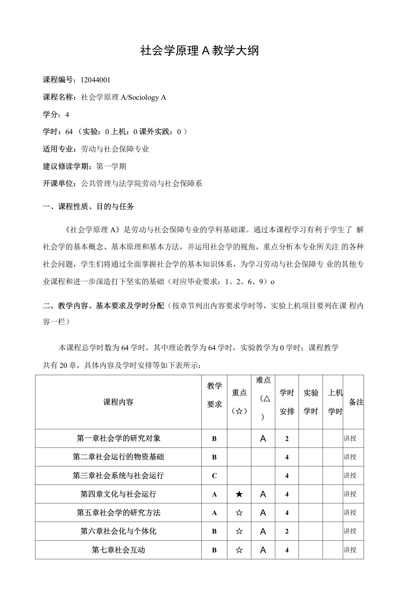 社会学原理A教学大纲