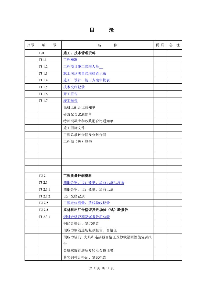 a江苏省交工资料目录索引