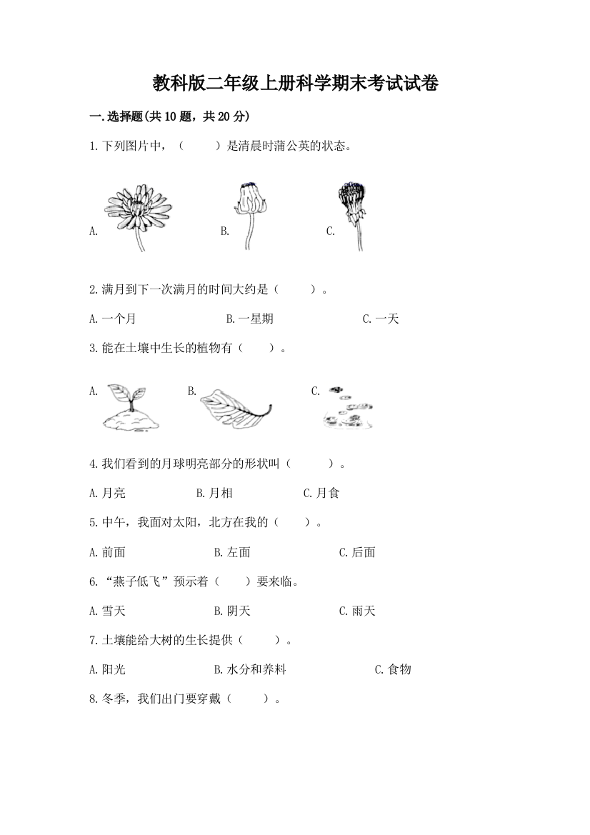 教科版二年级上册科学期末考试试卷及答案【全国通用】