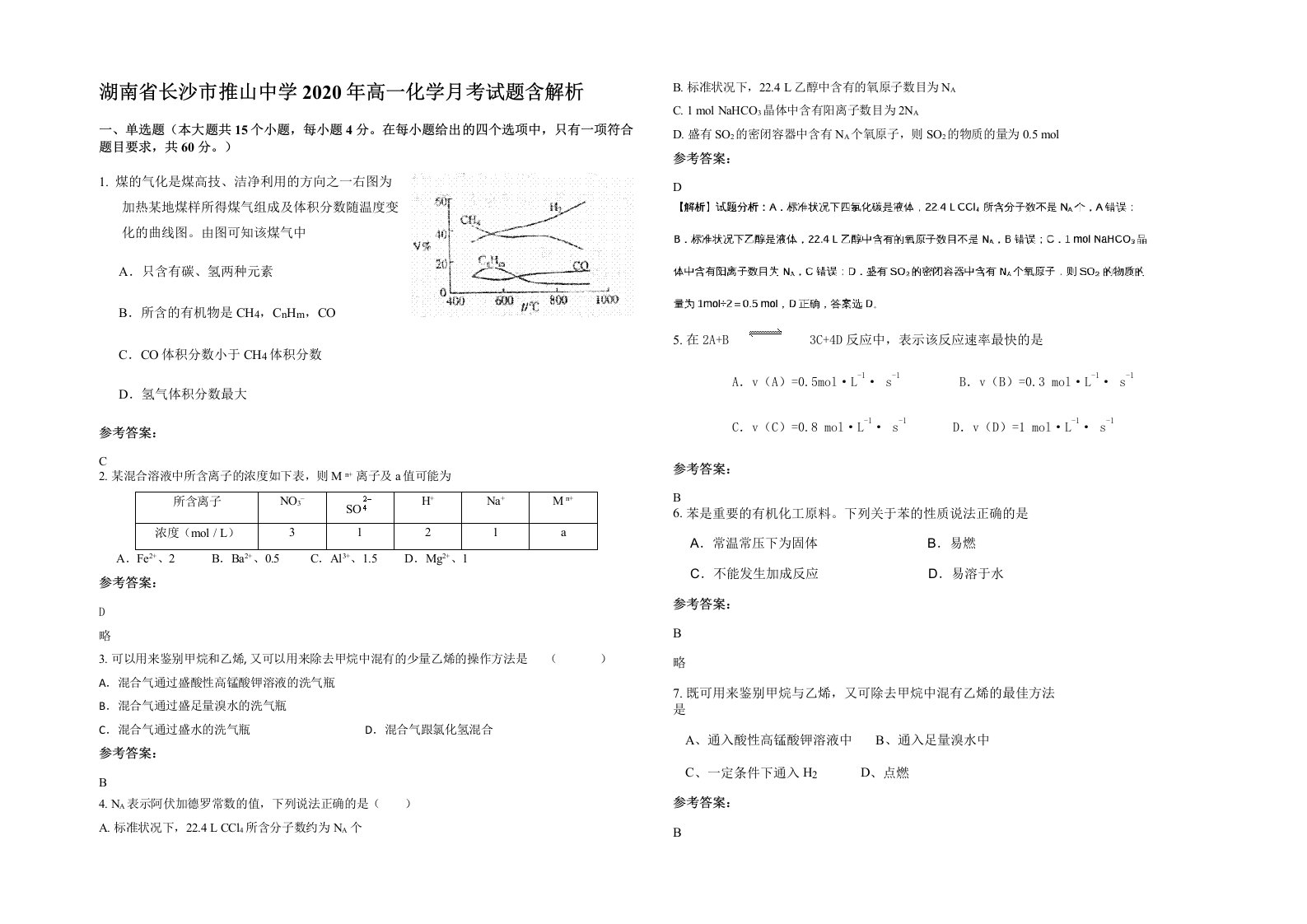 湖南省长沙市推山中学2020年高一化学月考试题含解析