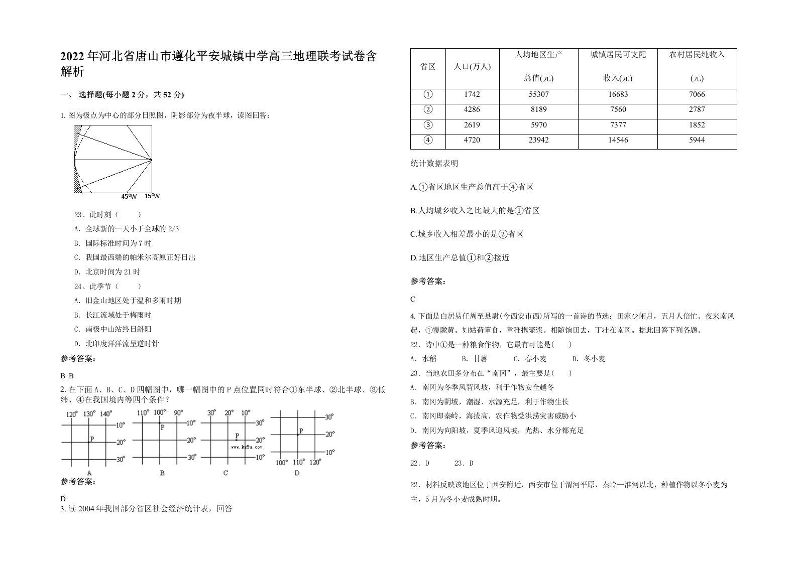 2022年河北省唐山市遵化平安城镇中学高三地理联考试卷含解析