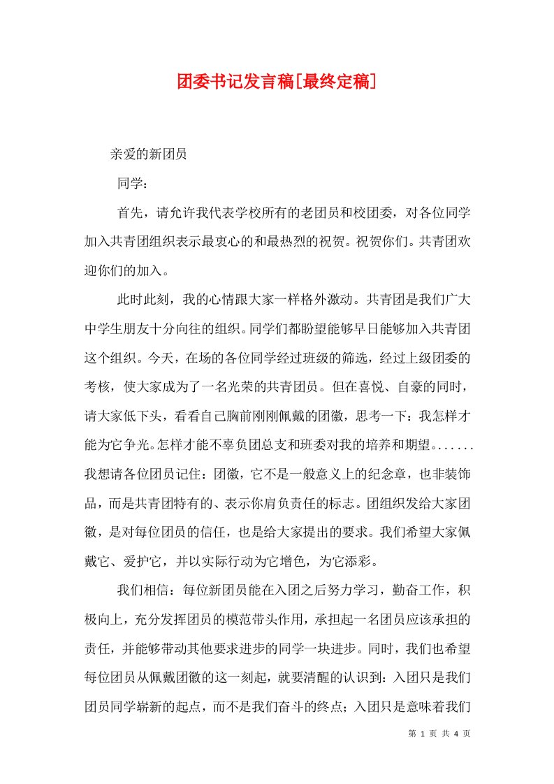 团委书记发言稿[最终定稿]（一）