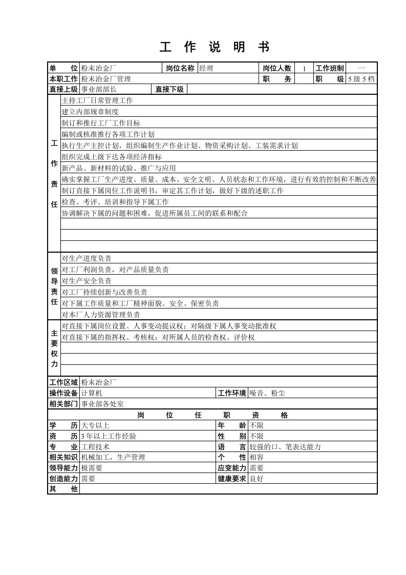 粉末冶金厂工作说明书