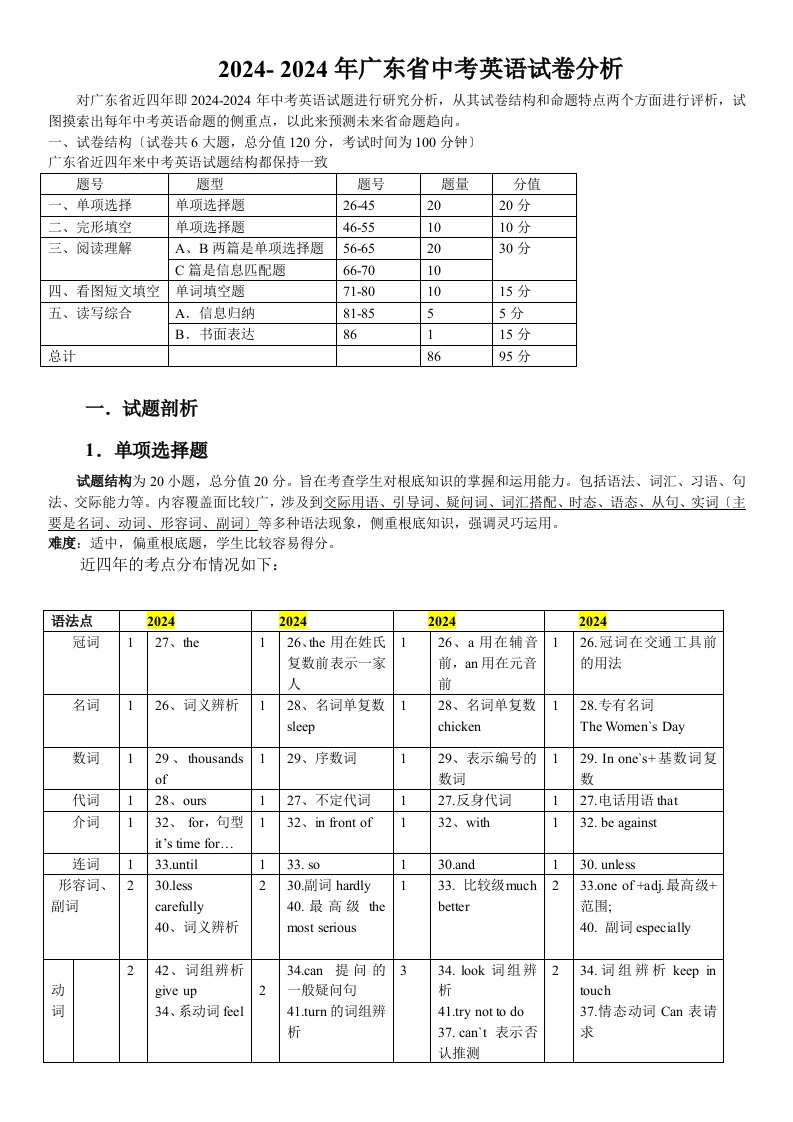 2024-2024广东省中考英语试题分析