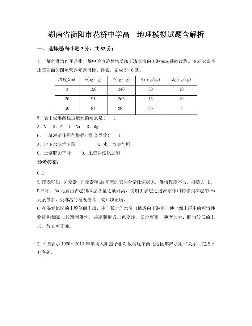 湖南省衡阳市花桥中学高一地理模拟试题含解析