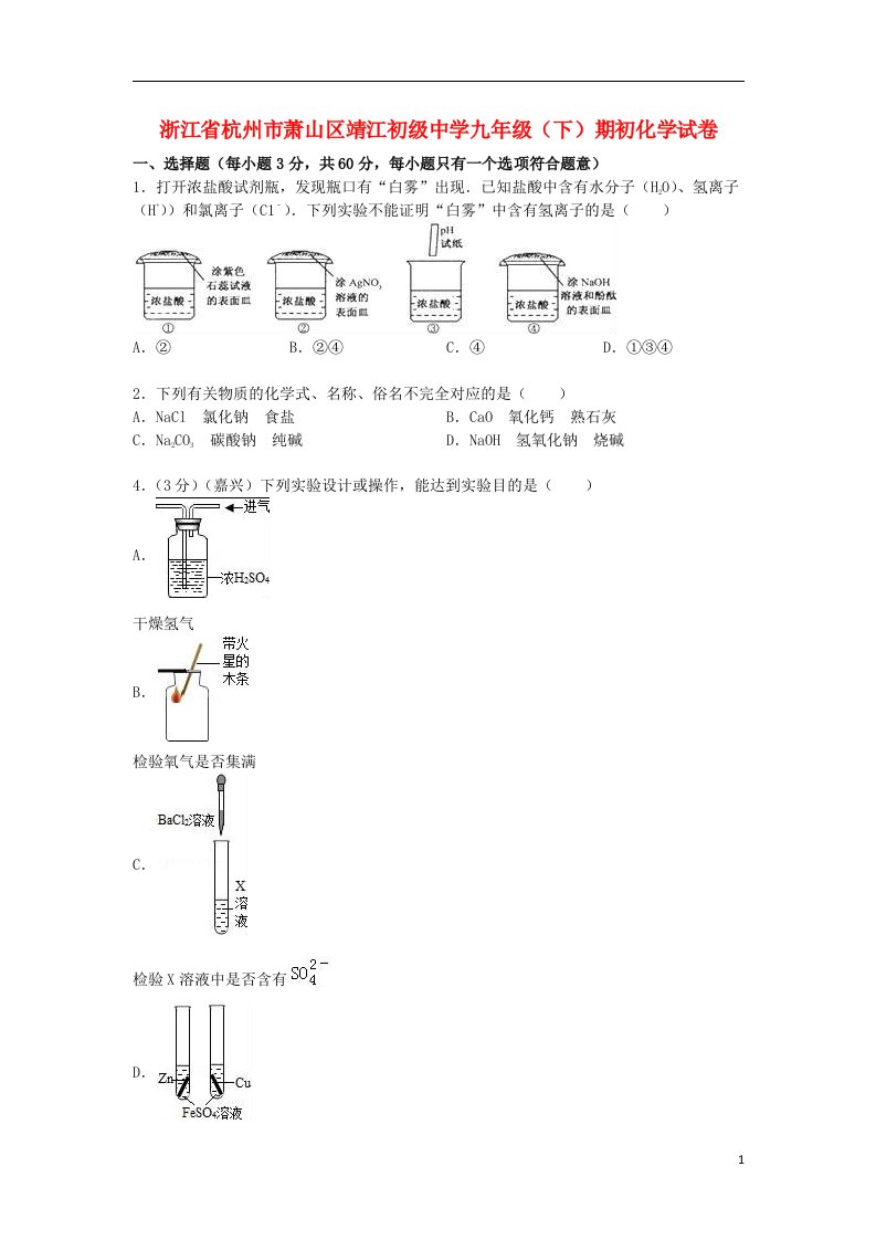 浙江省杭州市萧山区靖江初级中学九级化学下学期期初试题（含解析）