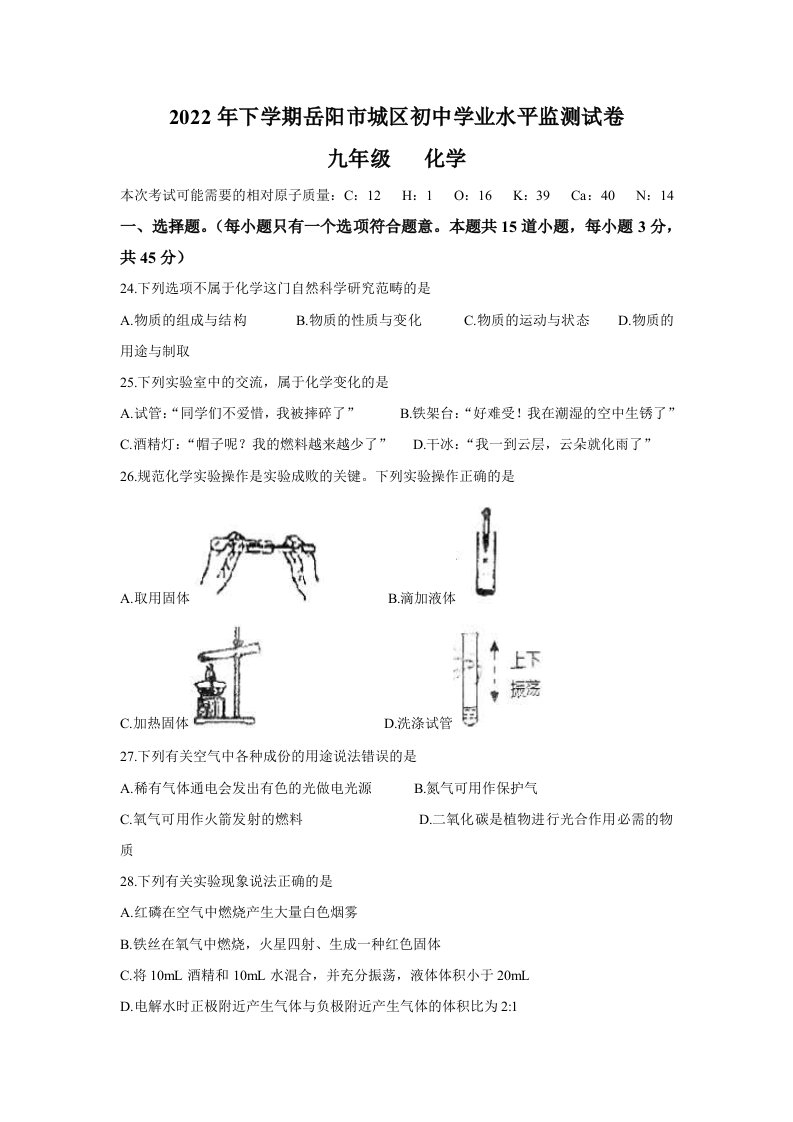 2022年湖南省岳阳市城区九年级上学期期末化学试卷（含答案）