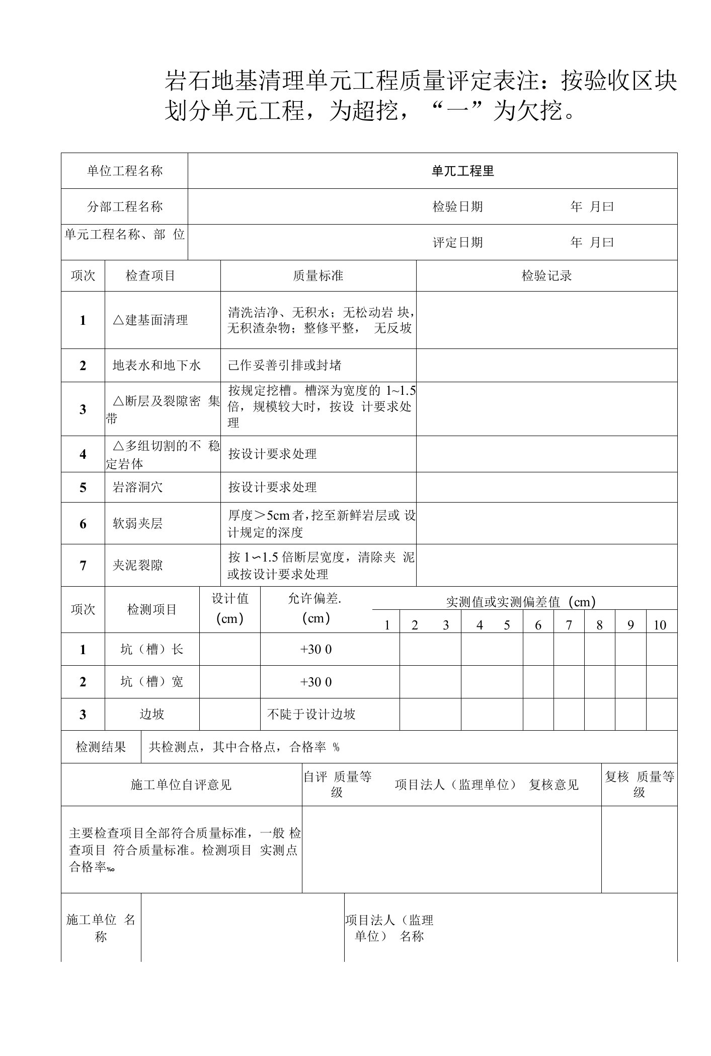 岩石地基清理单元工程质量评定表