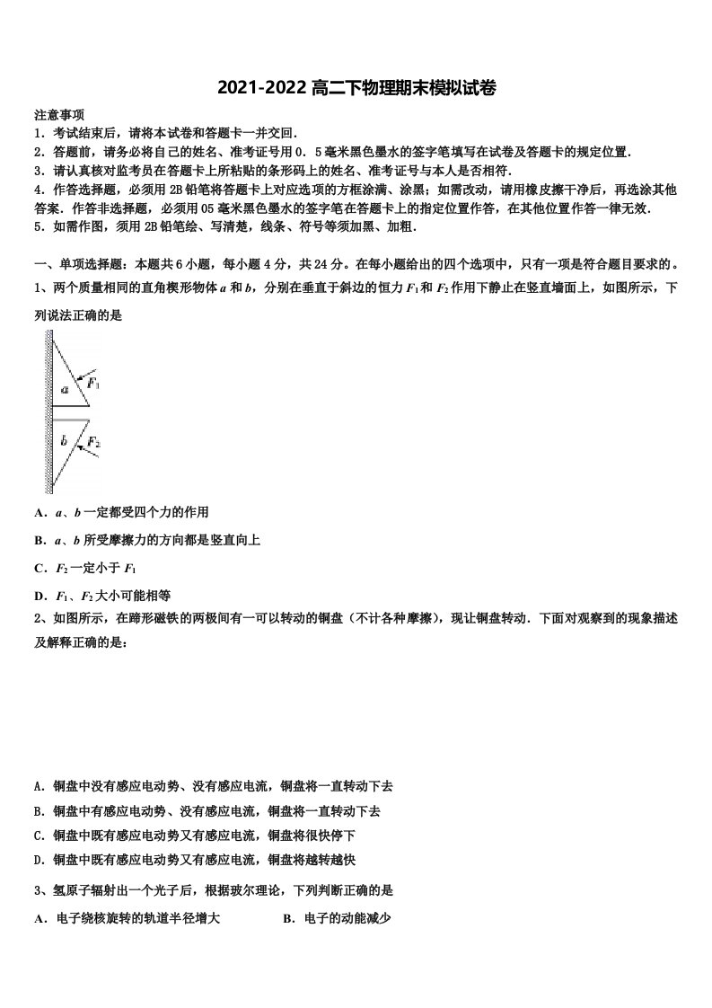 2022年江西省白鹭洲中学高二物理第二学期期末检测模拟试题含解析