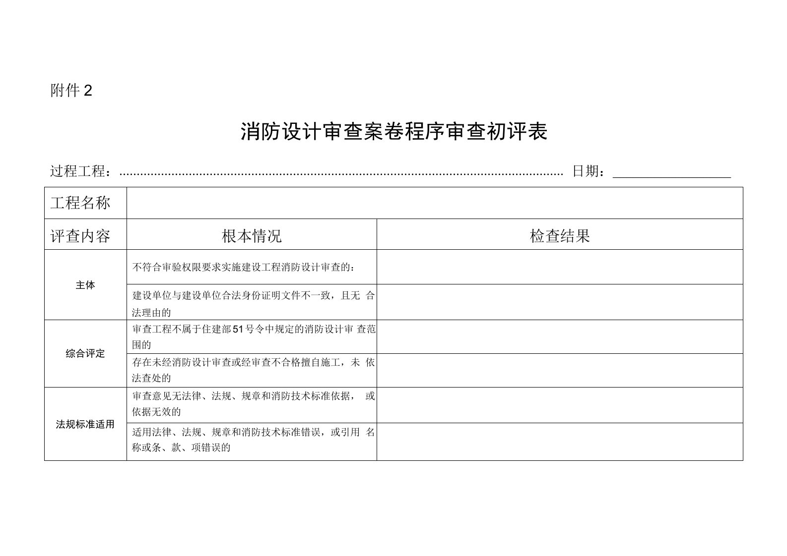 消防设计审查案卷程序审查初评表