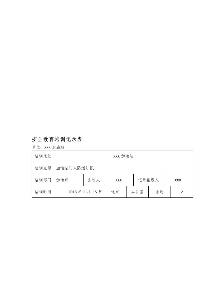 加油站安全教育培训记录表1-7