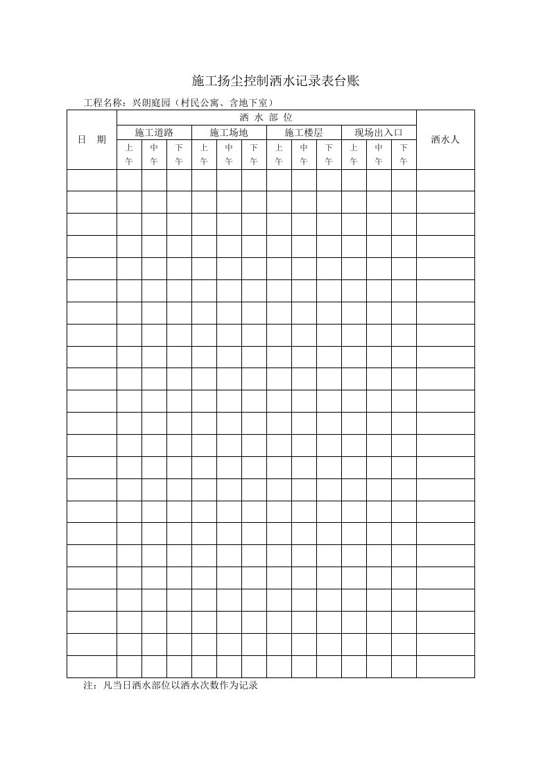 施工扬尘控制洒水记录文本表台账