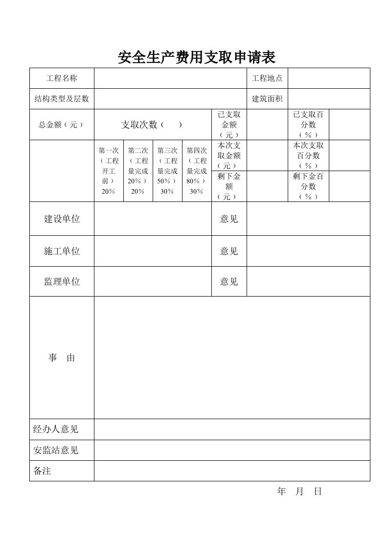 安全生产费用支取申请表