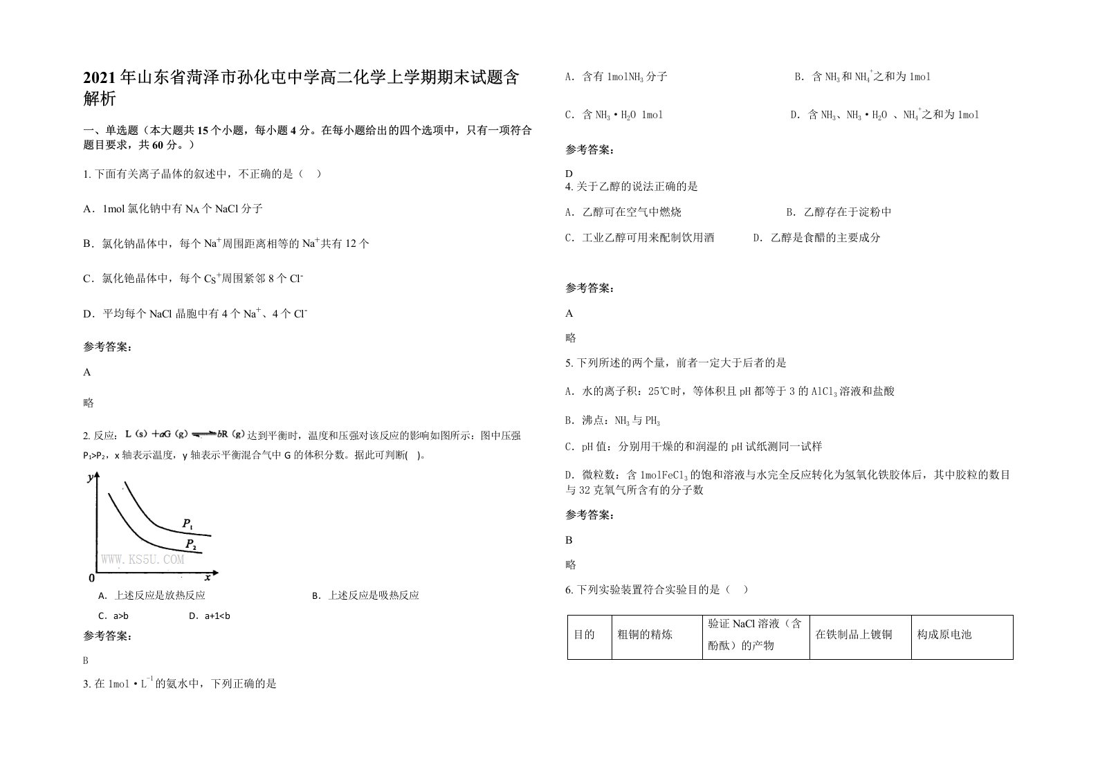 2021年山东省菏泽市孙化屯中学高二化学上学期期末试题含解析