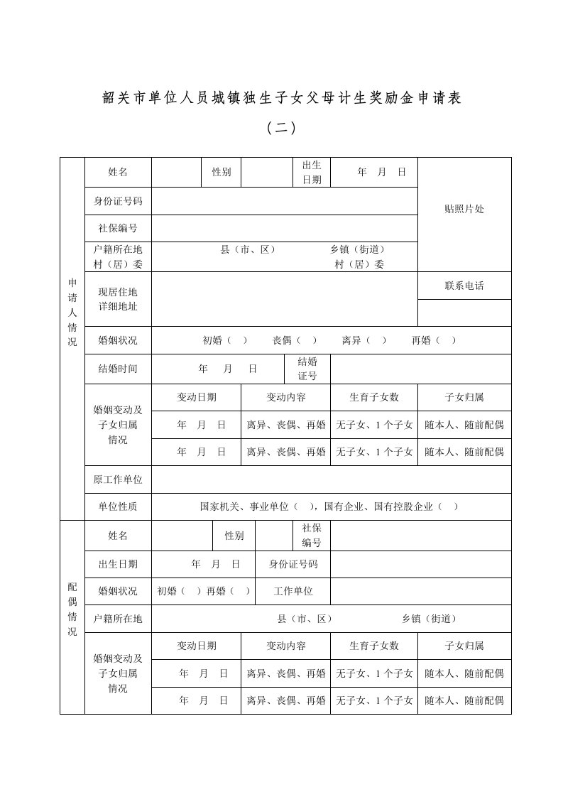 韶关市单位人员城镇独生子女父母计生奖励金申请表