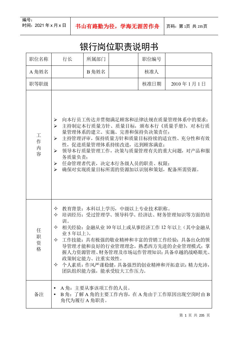 【附件2】商业银行全员岗位职责说明书汇总