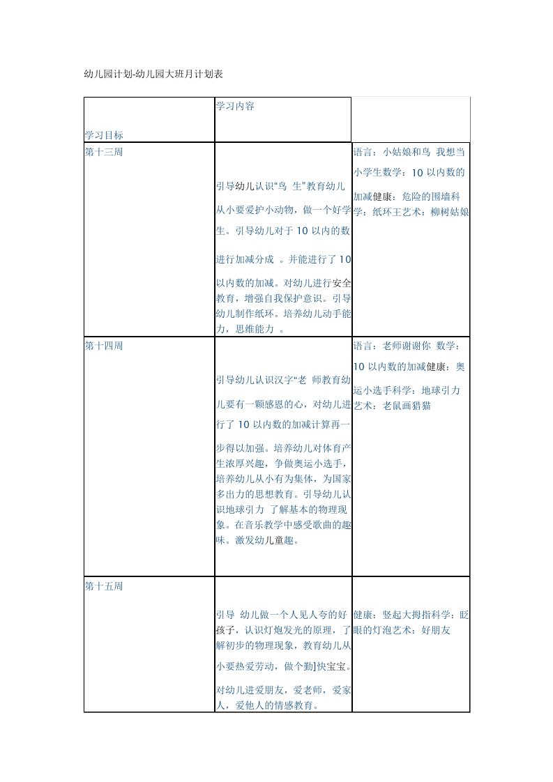 幼儿园计划-幼儿园大班月计划表