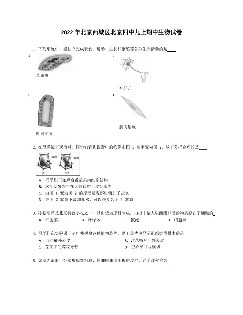 2022年北京西城区北京四中九年级上学期期中生物试卷（含答案）