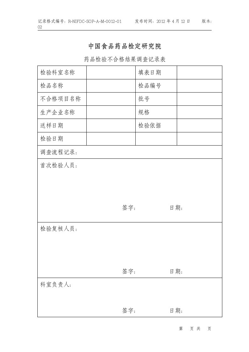 药品检验不合格结果调查记录表