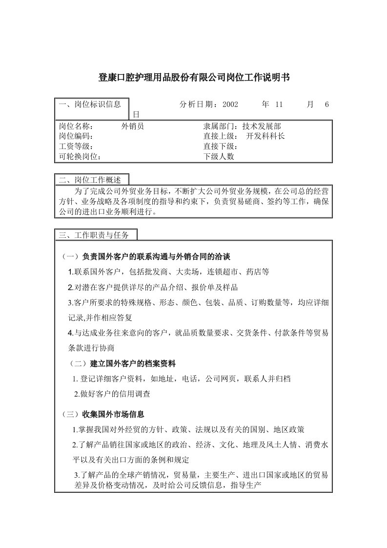 登康口腔护理用品有限公司岗位说明书大全32