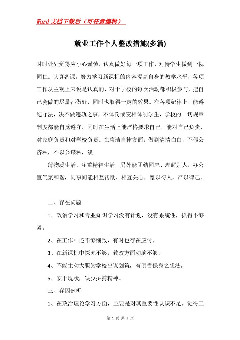 就业工作个人整改措施多篇