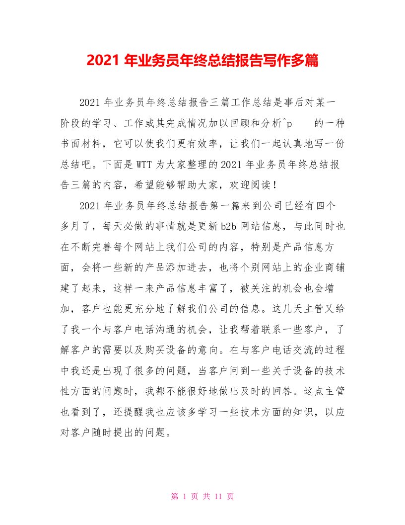 2021年业务员年终总结报告写作多篇