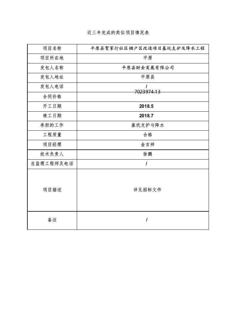 近三年完成的类似项目情况表