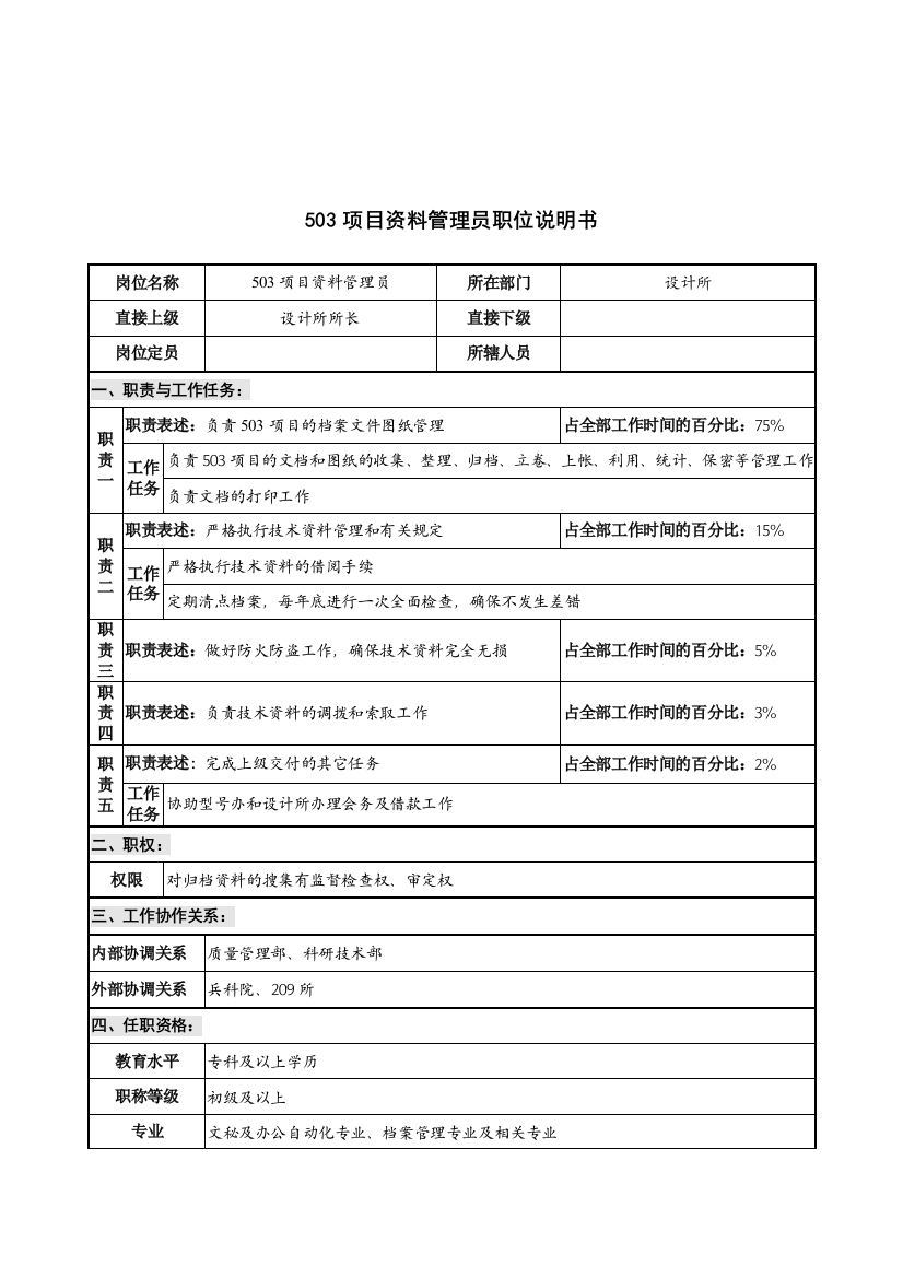 华北光学仪器公司设计所503项目资料管理员职位说明书