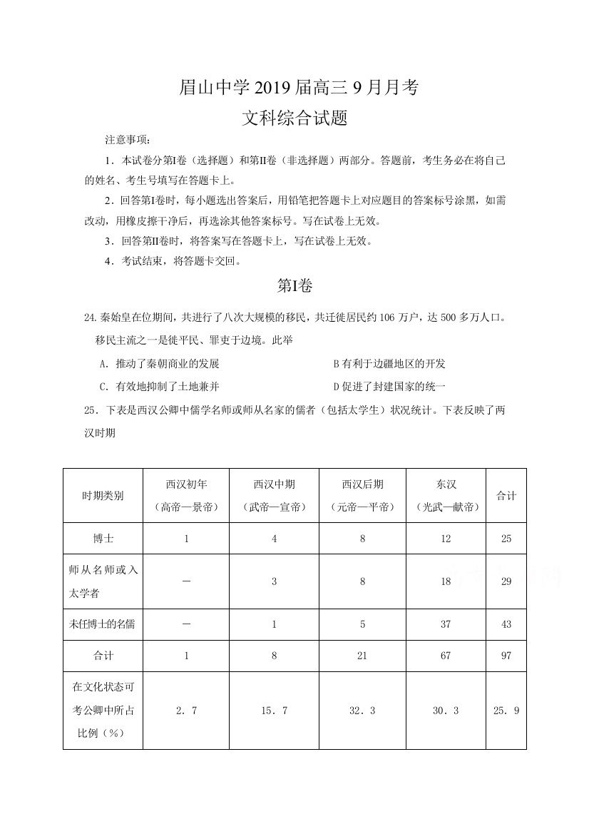 四川省眉山中学2019届高三9月月考历史试题