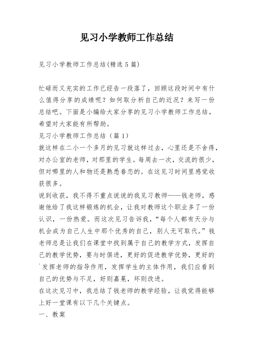 见习小学教师工作总结