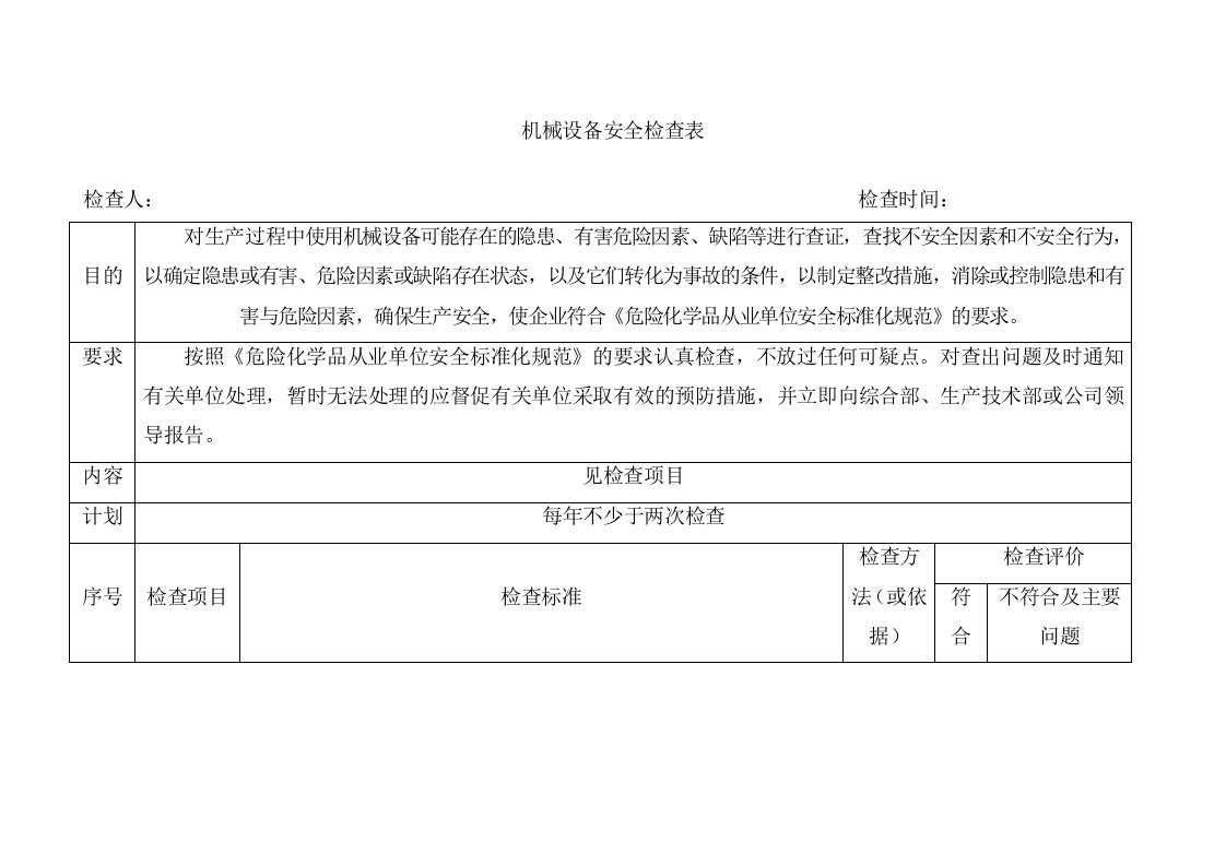 机械设备安全检查表