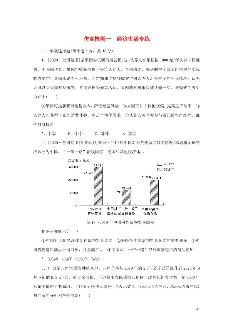 统考版2022届高考政治一轮复习仿真检测一经济生活专练含解析