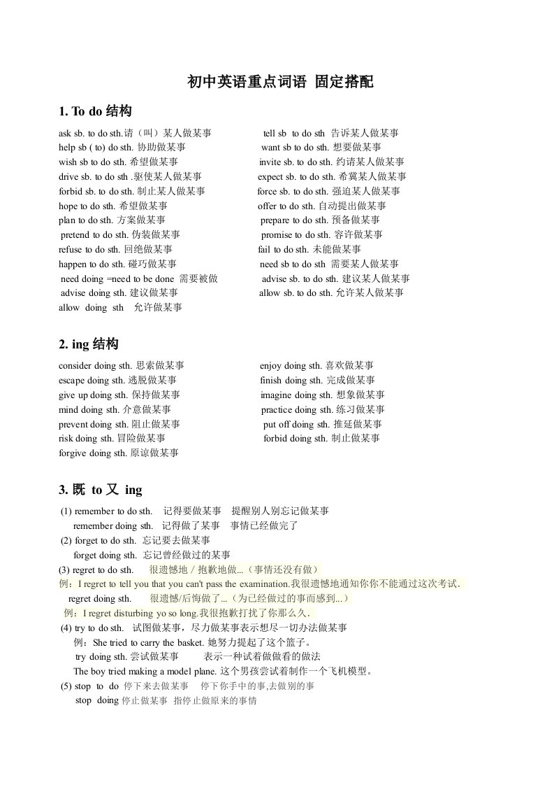 初中英语重点词语固定搭配