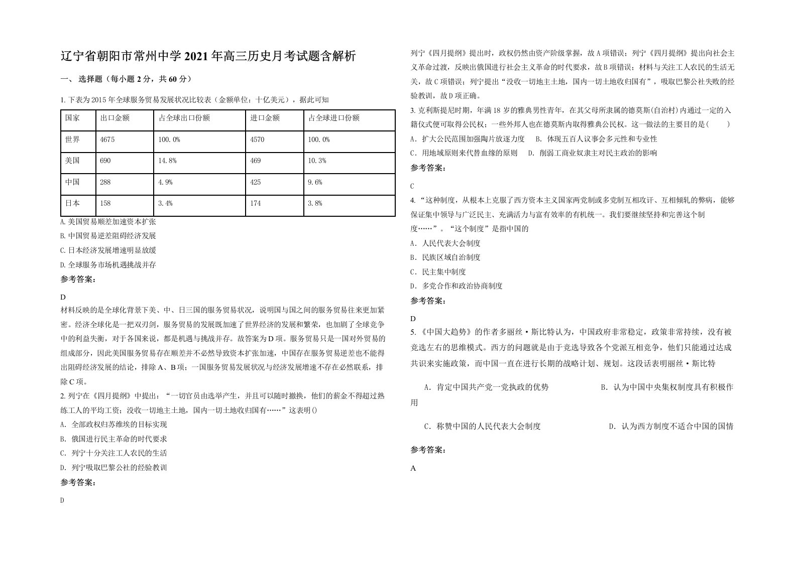 辽宁省朝阳市常州中学2021年高三历史月考试题含解析