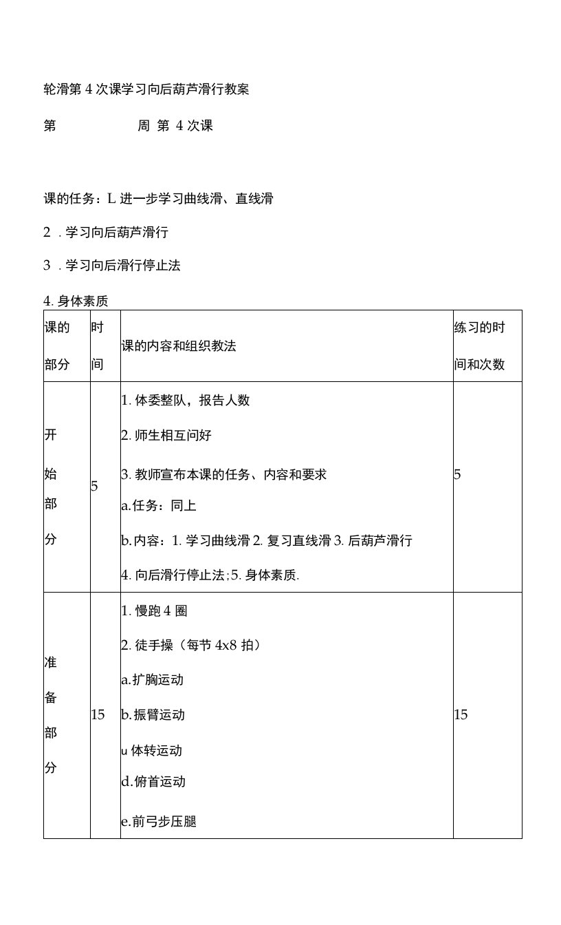 轮滑第4次课学习向后葫芦滑行教案