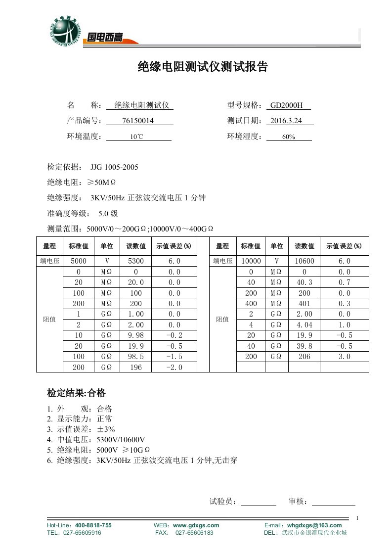 绝缘电阻测试仪测试报告