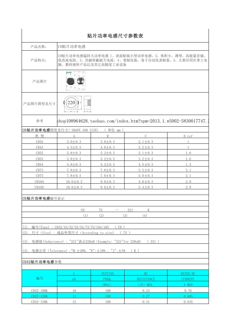 CD系列贴片功率电感规格书尺寸图