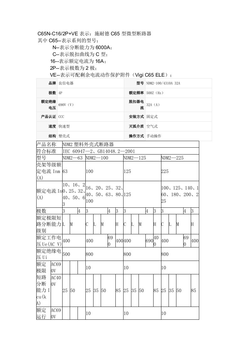 C65NNDM2塑料外壳式断路器EC浪涌