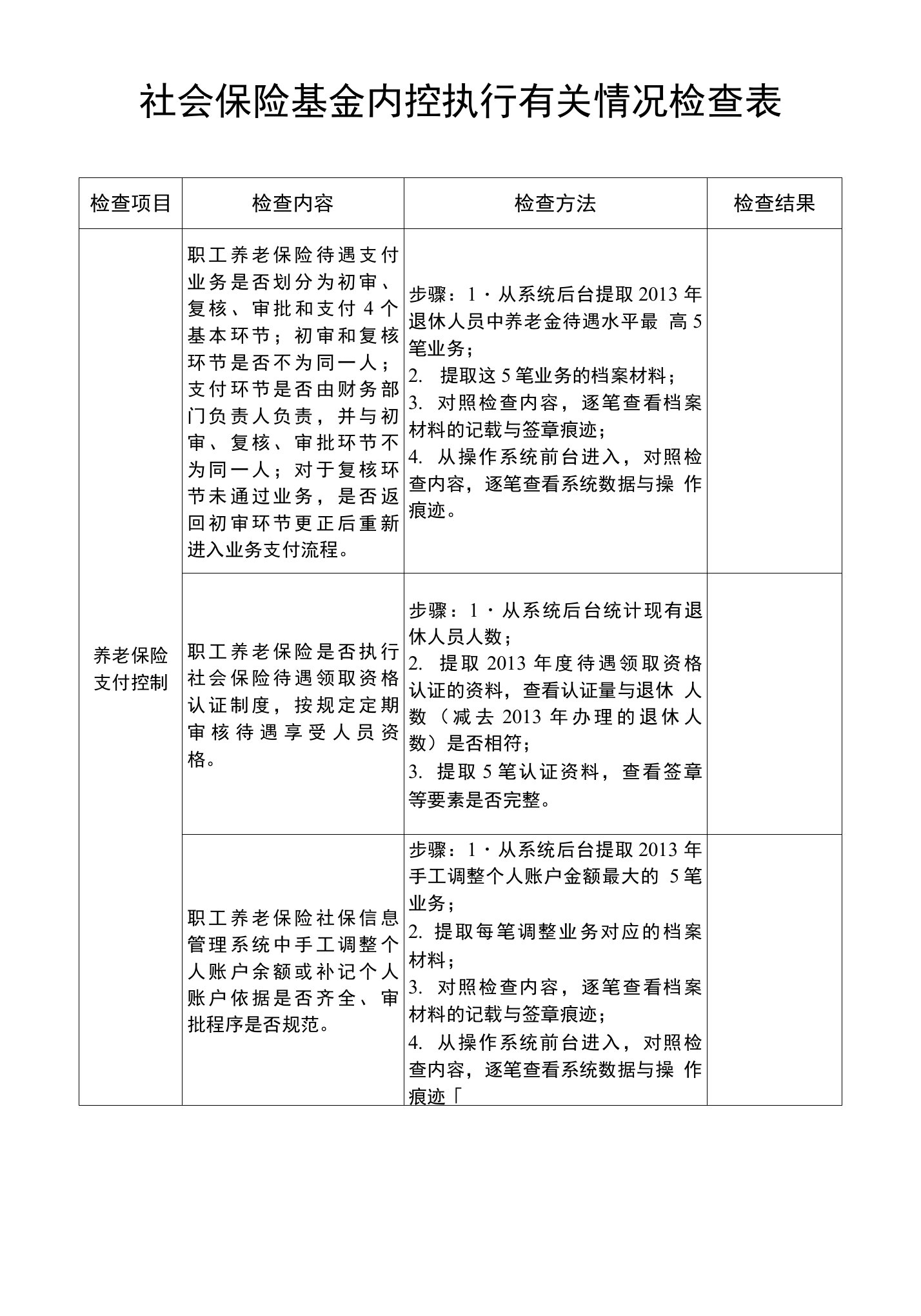 社会保险基金内控执行有关情况检查表