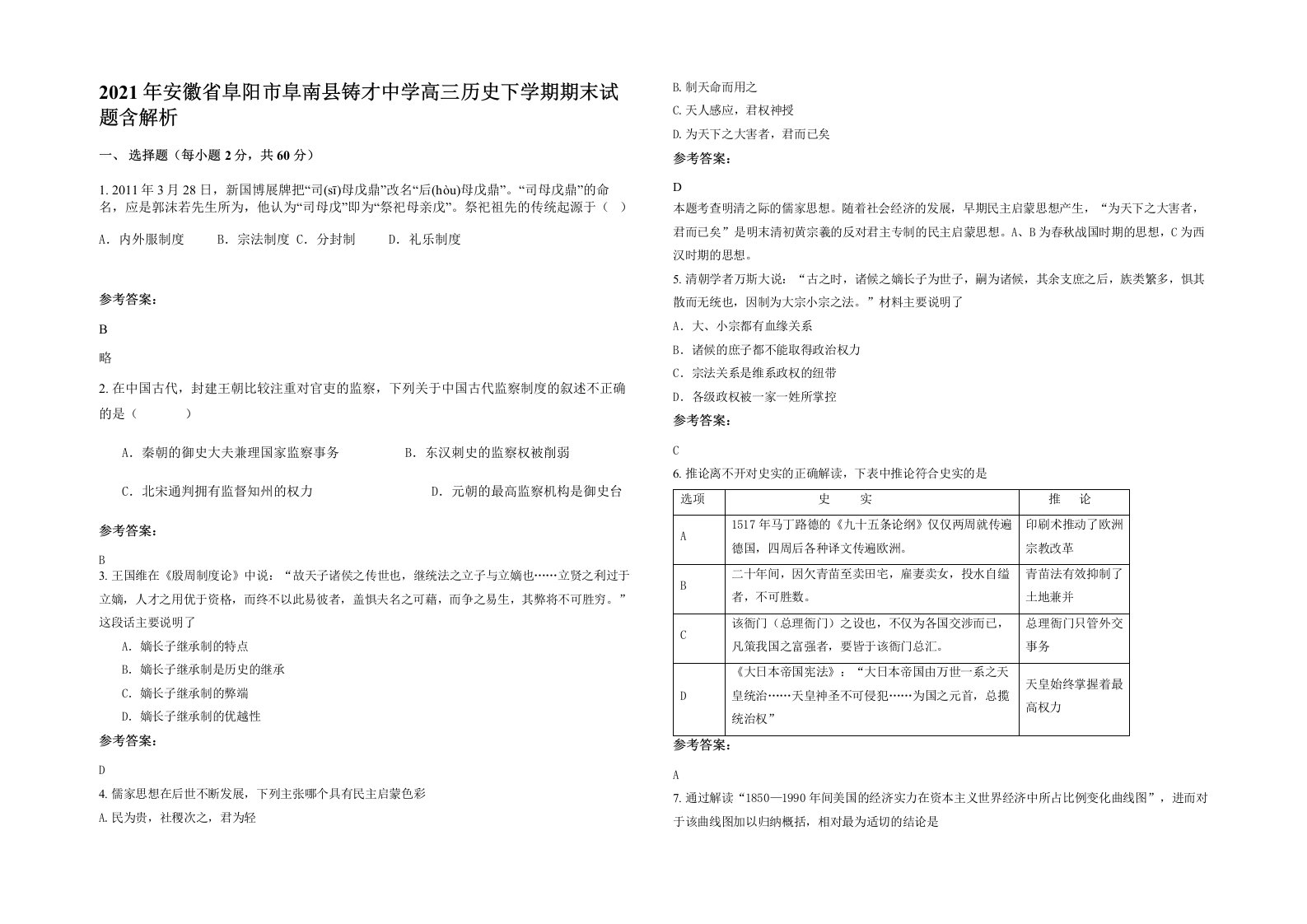 2021年安徽省阜阳市阜南县铸才中学高三历史下学期期末试题含解析